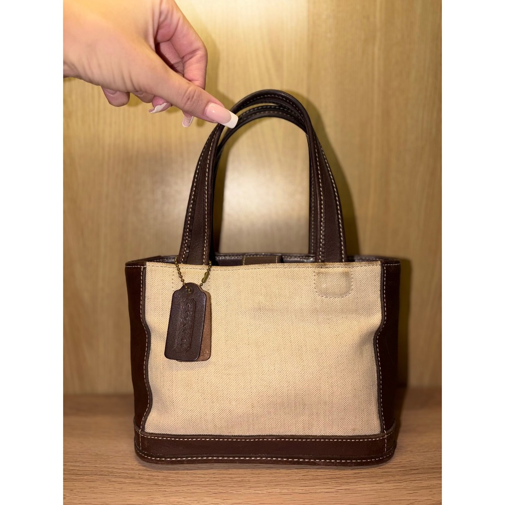 Coach Small Canvas Leather Tote Bag Cream Brown Contrast Stitch Handbag - Picture 2 of 9